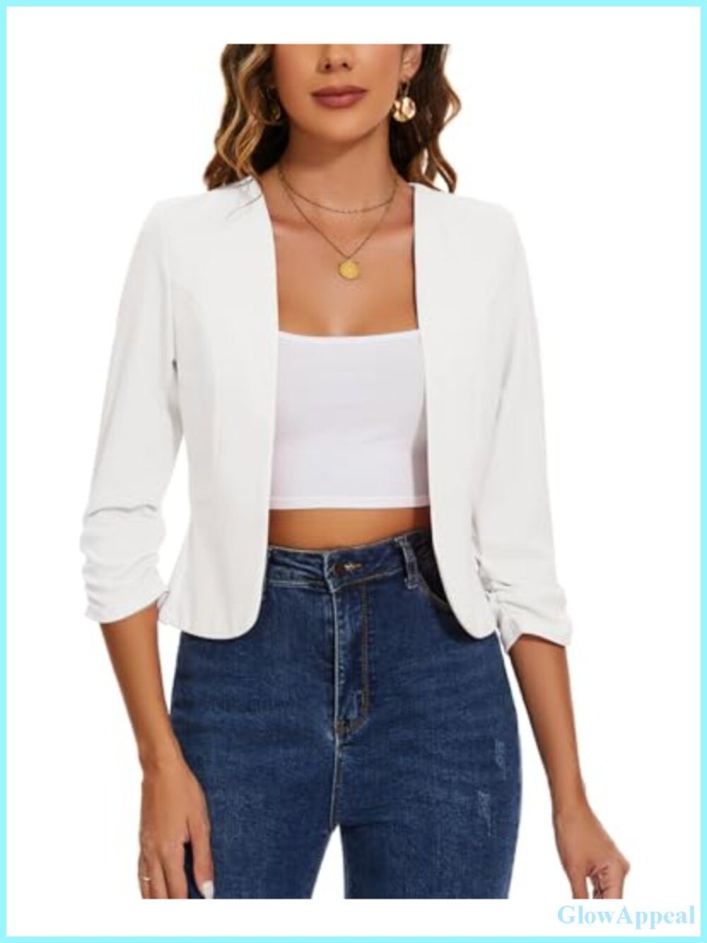 Cropped Blazer Womens 3/4 Ruched Sleeve Open Front Business Casual